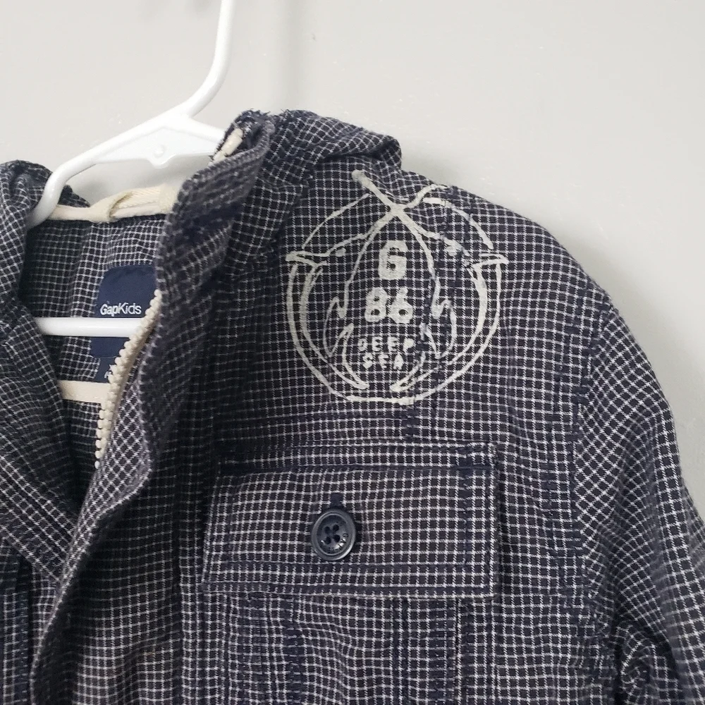 Gap Kids Boys XS 4/5 Navy Blue & White Plaid Jacket Zipper Button Up Utility